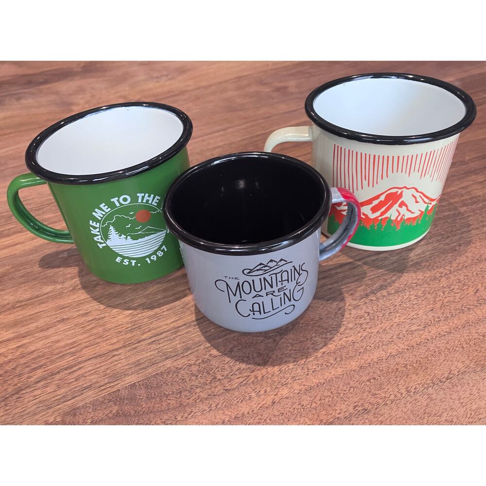 Ozark Trail / Enamelware Mug Lot‎ of (3) Camping Outdoor Green Gray Mountains